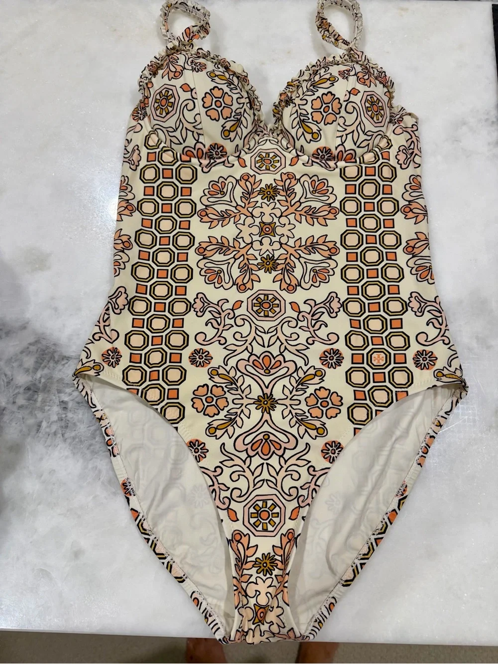 Tory Burch Cream One-Piece Swimsuit with Orange and Brown Floral Tile Print